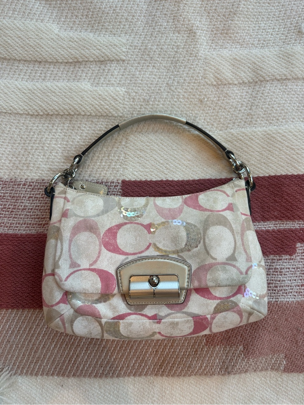 Coach Pink and Cream Vintage Bag with Metallic Turn-Lock